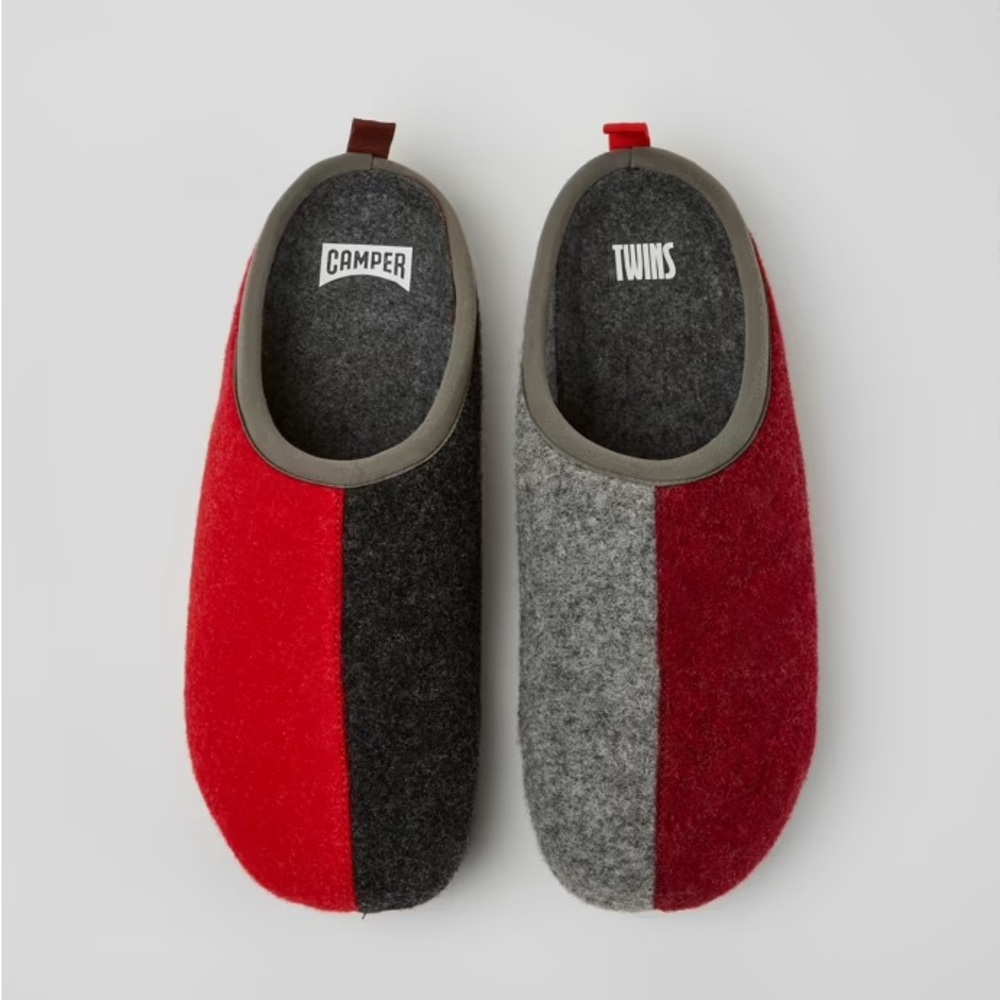 Camper Twins Burgundy, red, and gray wool slippers for men size 38
